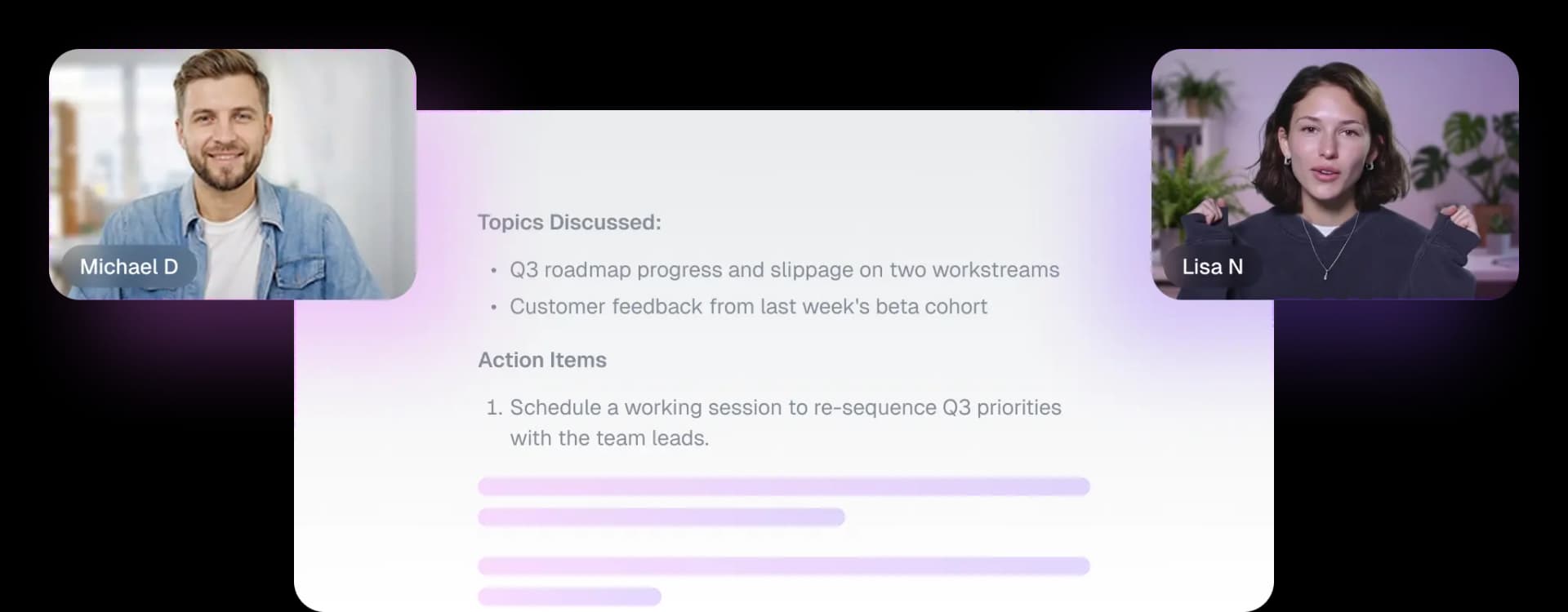 Meeting notes preview with participant video tiles and summarized topics and action items
